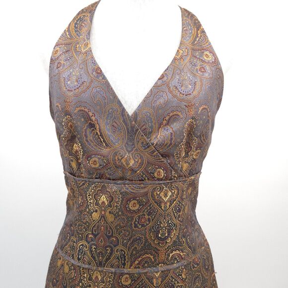 Harold's satin scroll print halter dress Size 6 gold grey knee-length old money - Picture 2 of 9